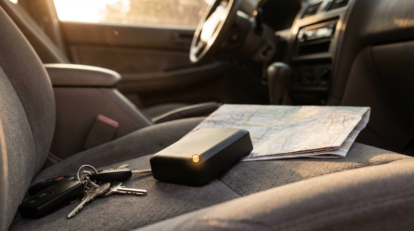Salind GPS tracker on car seat next to vehicle keys showing real-world battery life context