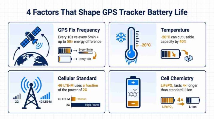  Infographic showing four factors that determine GPS tracker battery life: fix frequency, temperature, cellular standard, and battery chemistry